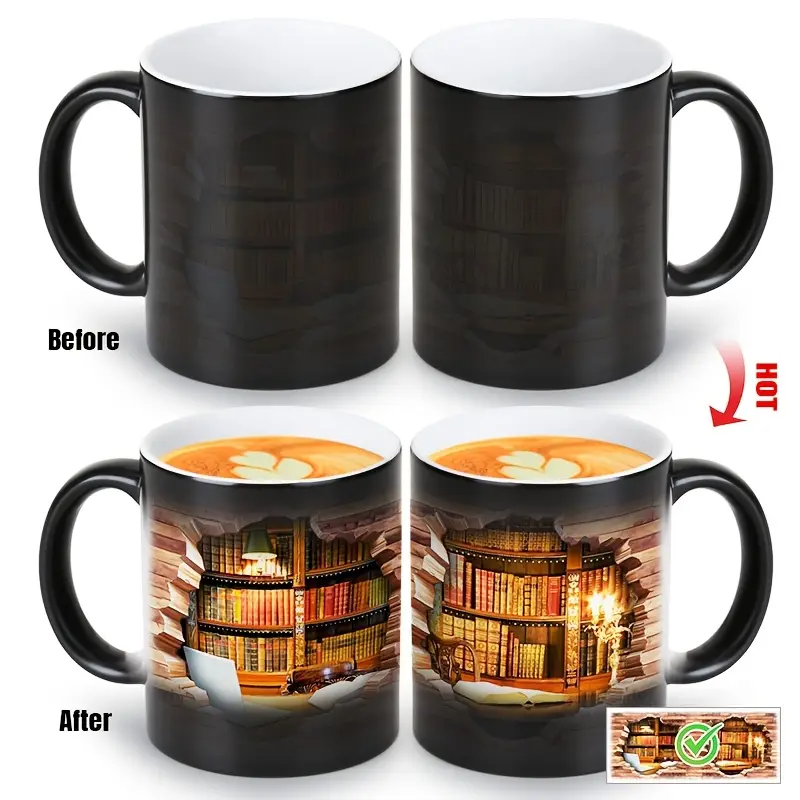 Lampada Decorativa Premium – Enchanting Bookshelf Heat-Reveal Ceramic Mug