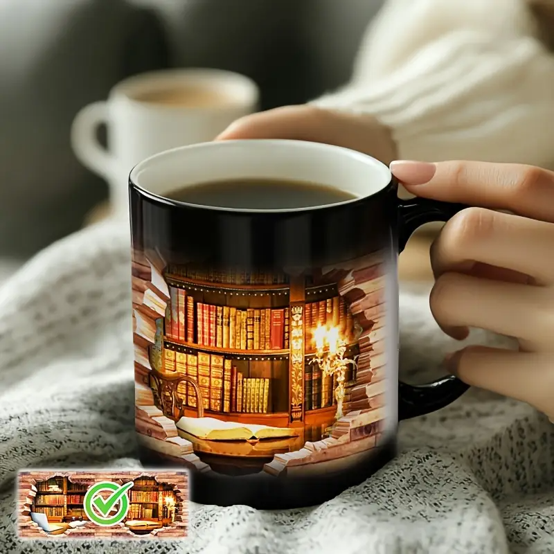 Lampada Decorativa Premium – Enchanting Bookshelf Heat-Reveal Ceramic Mug