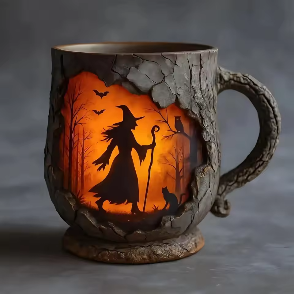 Lampada Decorativa Premium – Artisan 3D Halloween Mug – Featuring Witch and Cat Design