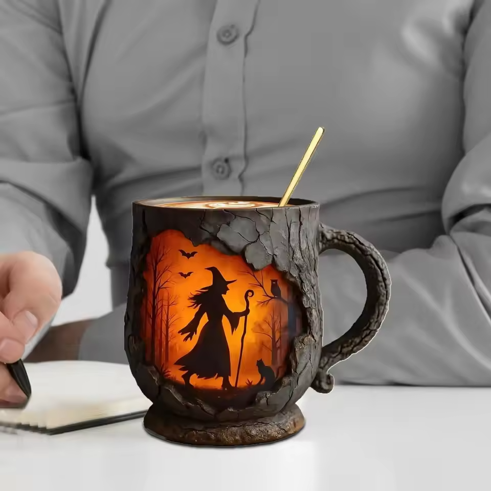 Lampada Decorativa Premium – Artisan 3D Halloween Mug – Featuring Witch and Cat Design