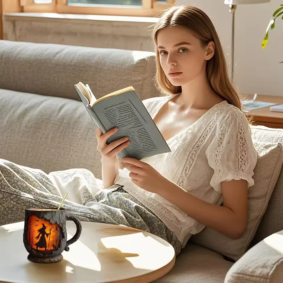 Lampada Decorativa Premium – Artisan 3D Halloween Mug – Featuring Witch and Cat Design