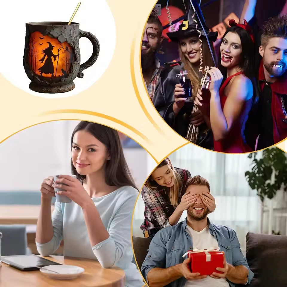 Lampada Decorativa Premium – Artisan 3D Halloween Mug – Featuring Witch and Cat Design