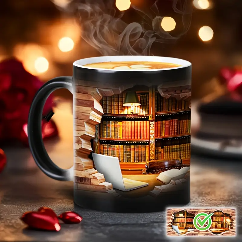 Lampada Decorativa Premium – Enchanting Bookshelf Heat-Reveal Ceramic Mug