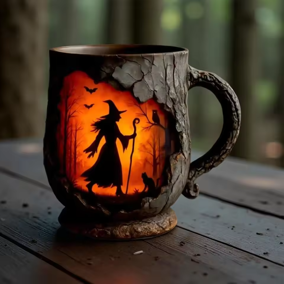 Lampada Decorativa Premium – Artisan 3D Halloween Mug – Featuring Witch and Cat Design